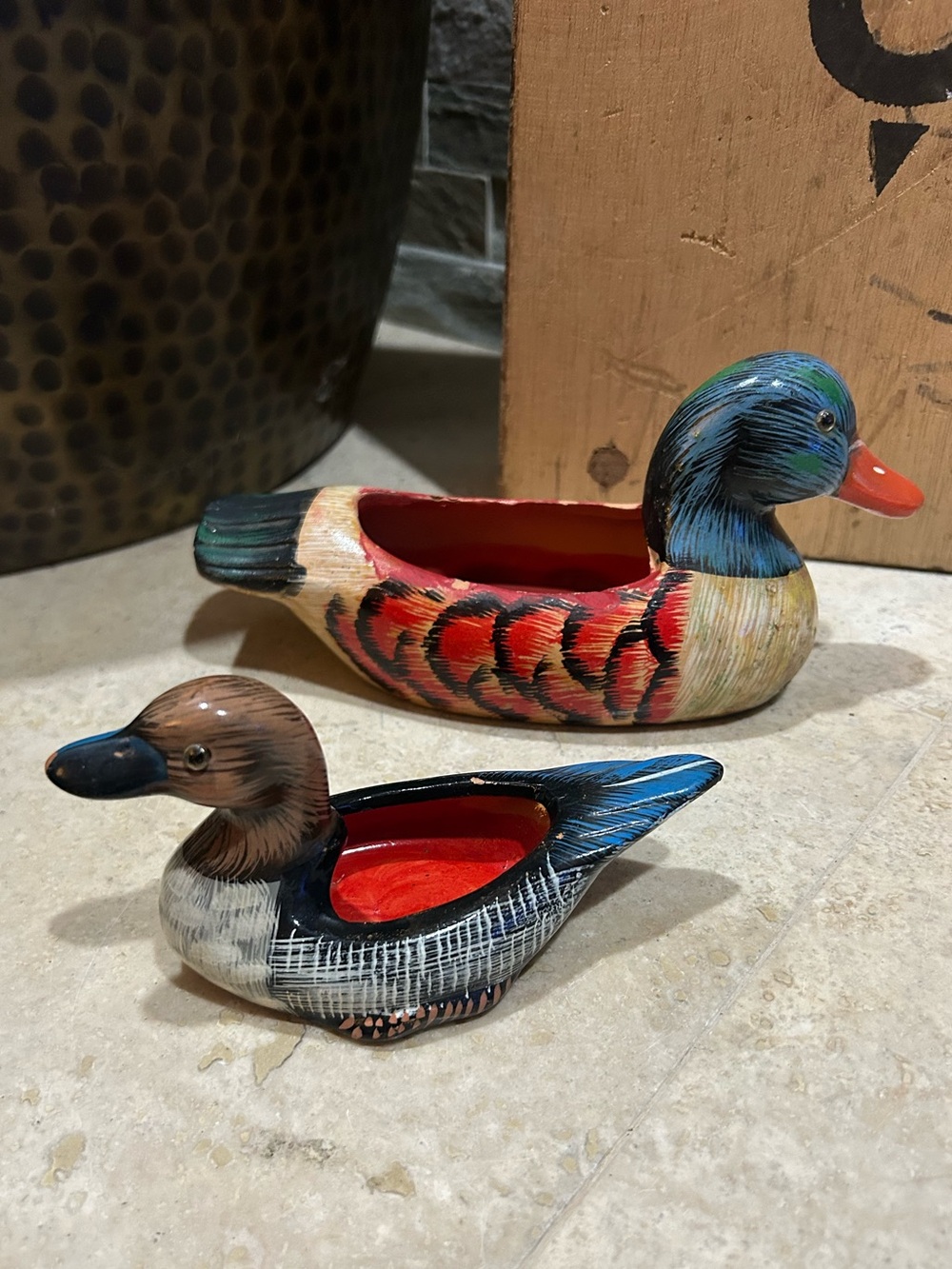 Pair of vintage hand-painted ceramic or pottery duck planters or trinket Dishes